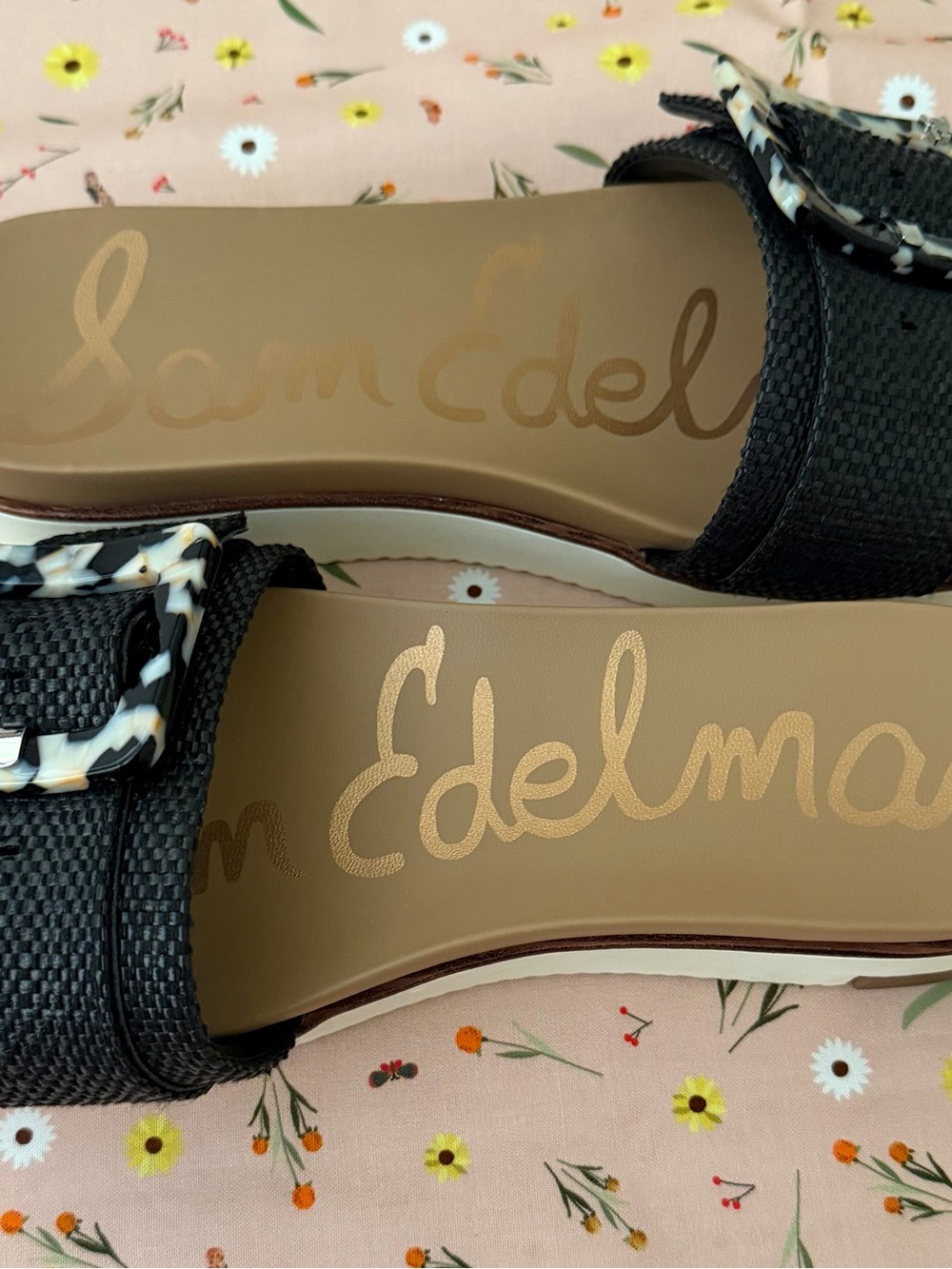 Sam Edelman Black Woven Slide Sandals with Tortoiseshell Buckles - Picture 2 of 3
